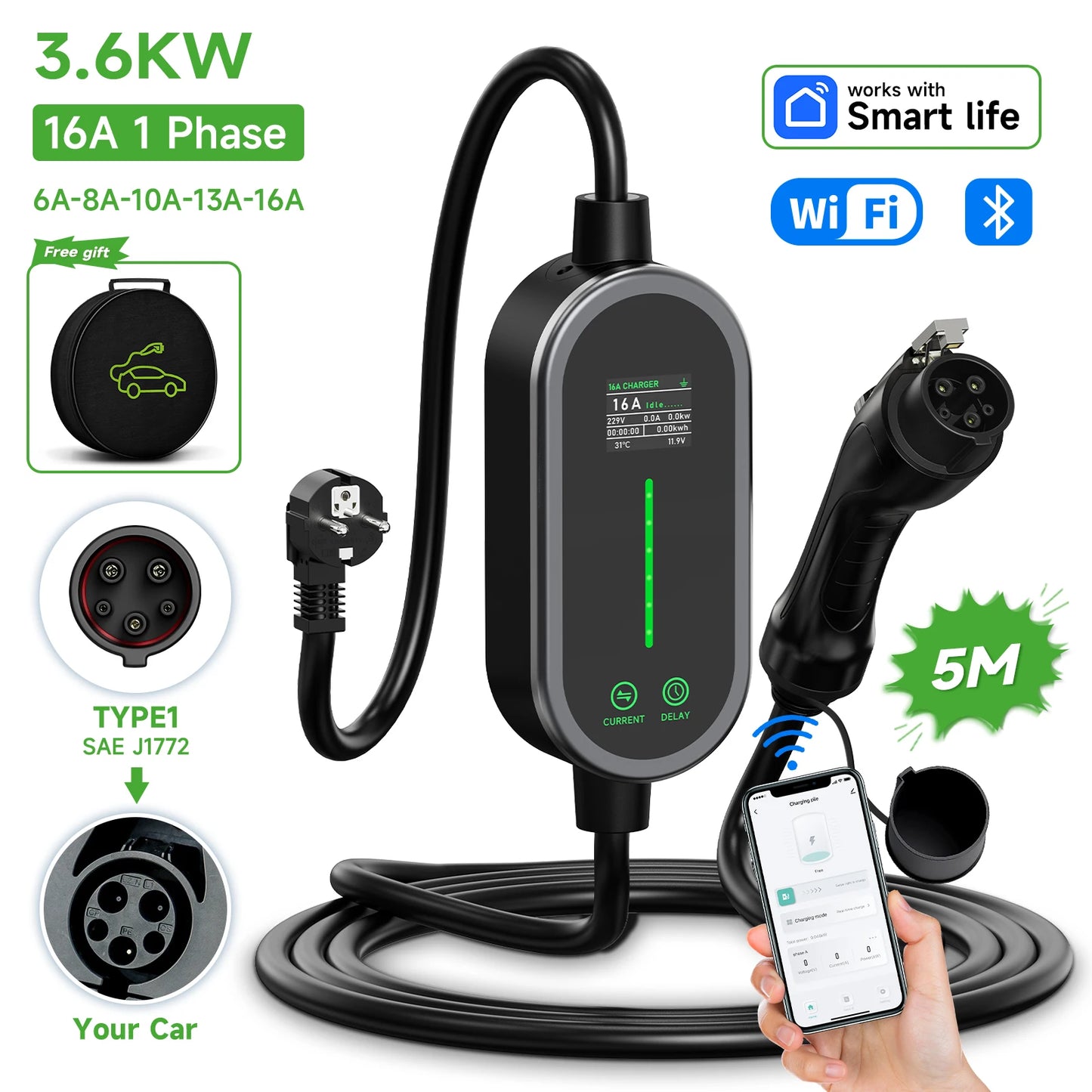 AFYEEV 3600W Portable Type2 IEC62196-2 EV Charger Type1 SAE J1772 Electric Car Charger GBT EVSE Charging Cable Wallbox EU Plug