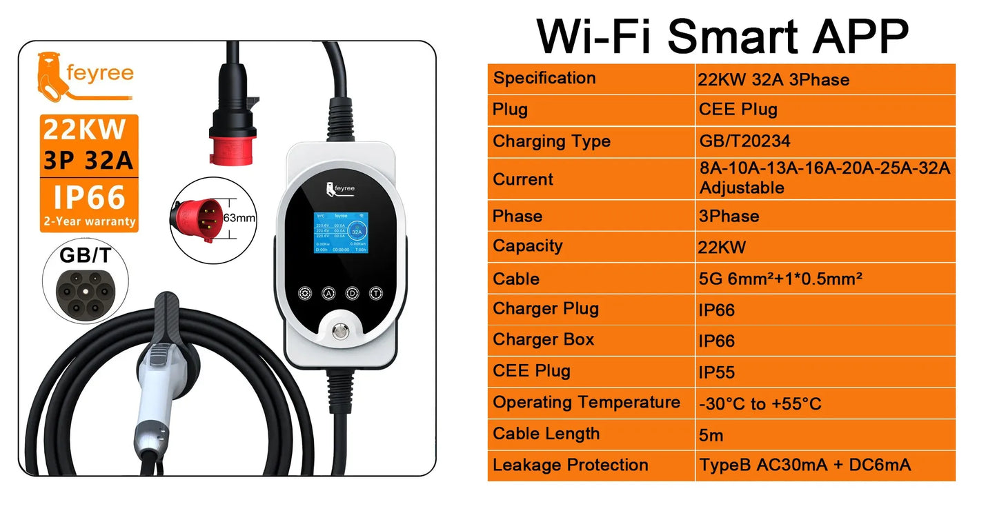 feyree 22KW 32A 3Phase GB/T Portable EV Charger Fast Charger Charging Station Smart Wi-Fi APP Control for Electric Car Charger