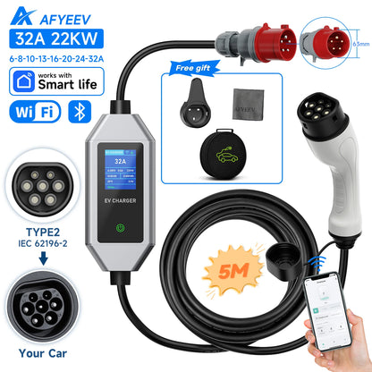 AFYEEV 22KW 32A 3Phase Type2 Portable EV Charger Wi-Fi APP Control GB/T EVSE Charging Box Charging Station For Electric Car