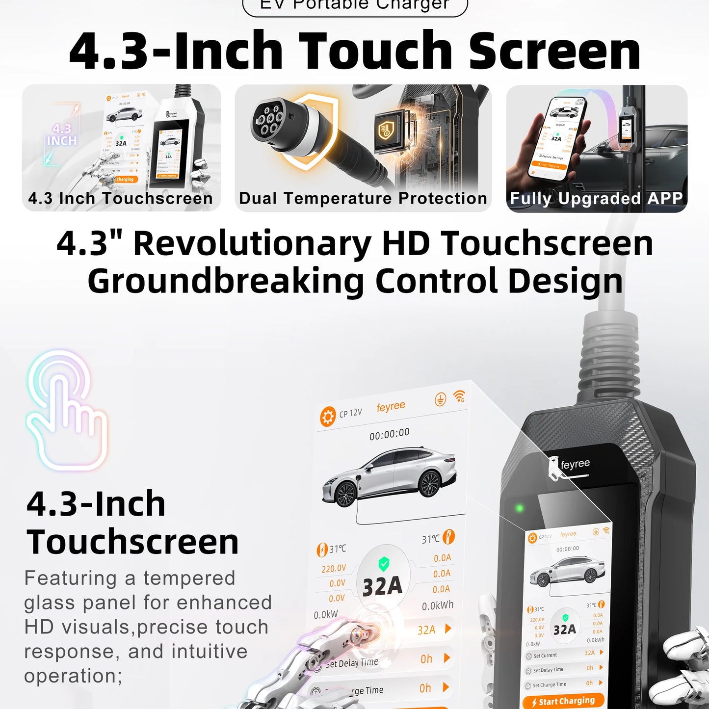 feyree 4.3 Inch Touch Screen Portable 7kW EV Charger Type2 Charging Plug with Smart Wifi APP AC Home Charger Professional Design