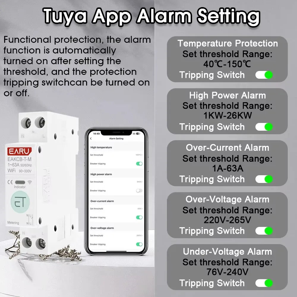 Tuya eWeLink WiFi Smart Circuit Breaker 1P+N 63A MCB Time Relay Switch Energy Meter kWh Voltage Current Protector Remote Control
