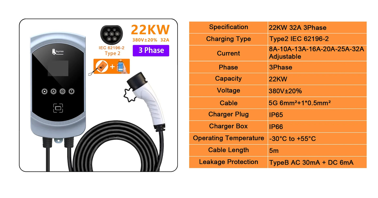 feyree EV Charger 32A 22KW 3Phase 11KW 16A Electric Car Charger EVSE Wallbox 7.6KW 32A Type2 Cable IEC62196-2 Socket APP Control