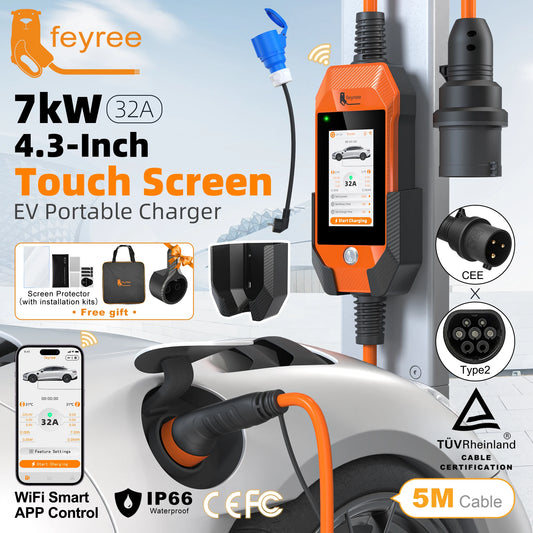 feyree 4.3 inch Touch Screen Type2 7kW 32A Adjustable Portable EV Charger with Adapter Smart APP Wi-Fi Control for Electric Cars