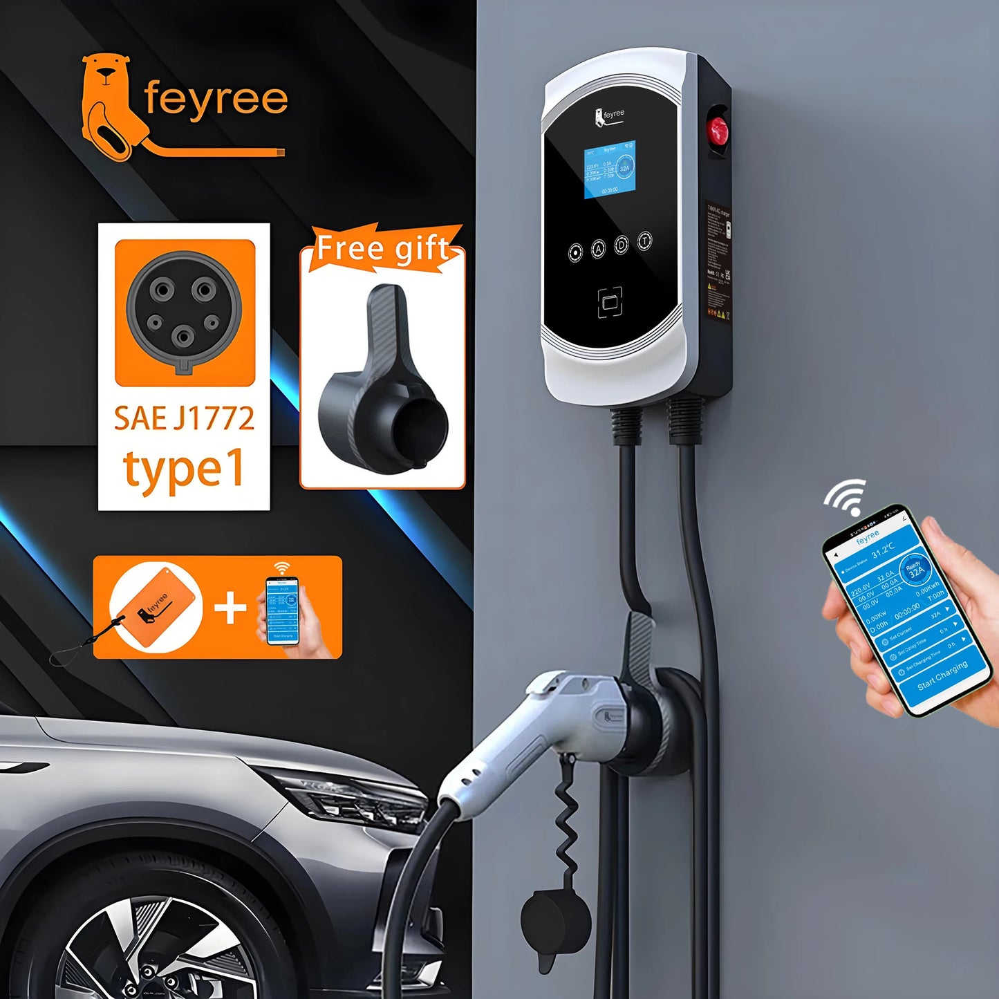 feyree EV Charger Type1 Cable j1772 Socket 32A 40A 50A Single Phase EVSE Wallbox Charging Station APP Control for Electric Car