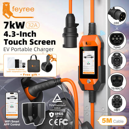 feyree EV Charger 32A 7kW 1P 4.3inch Touch Screen Type2 /Type1 /GBT /TS-NACS Portable Charger Smart APP WiFi Control for EV Cars