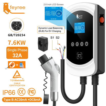 feyree GB/T Socket 32A 7KW 1P EV Charger 16A 11KW 3P 22KW APP Control DLB Charging Station for Electric Vehicle EVSE Wallbox by 54Grid - Renewable Energy Store