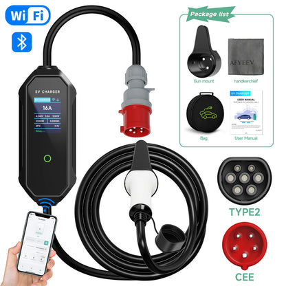 AFYEEV Type2 Portable EV Charger 11KW 16A 3P GBT Car Charger Wi-Fi APP Control EVSE Charging Box CEE Plug for Electric Vehicle