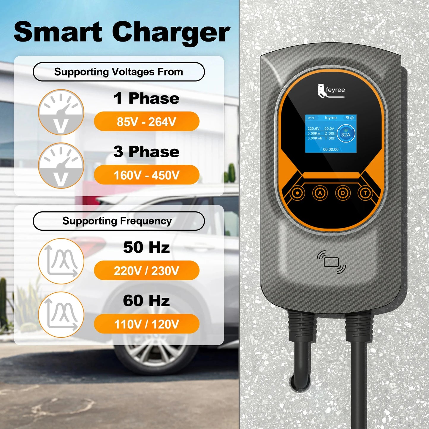 feyree EV Charger GB/T Socket EVSE Wallbox 32A 22KW 3Phase 16A 11KW Electric Vehicle APP Control Charging Station 7.6KW 5m Cable