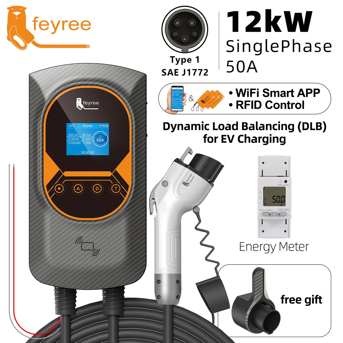 feyree Type 1 7kW 9.6kW 12kW EV Charging Wallbox Adjustable Current EV Home Charger WIFI Bluetooth Control with DLB Function