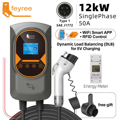 feyree Type 1 7kW 9.6kW 12kW EV Charging Wallbox Adjustable Current EV Home Charger WIFI Bluetooth Control with DLB Function
