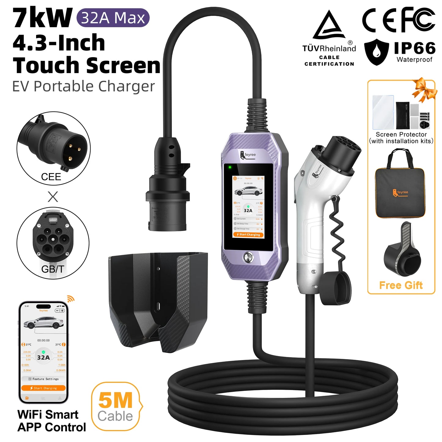 feyree Type2 /Type1 /GBT /TS-NACS 4.3inch Touch Screen EV Charger 32A 7kW 1P Portable Charger Smart APP WiFi Control for EV Cars