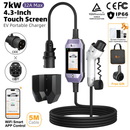 feyree Type2 /Type1 /GBT /TS-NACS 4.3inch Touch Screen EV Charger 32A 7kW 1P Portable Charger Smart APP WiFi Control for EV Cars