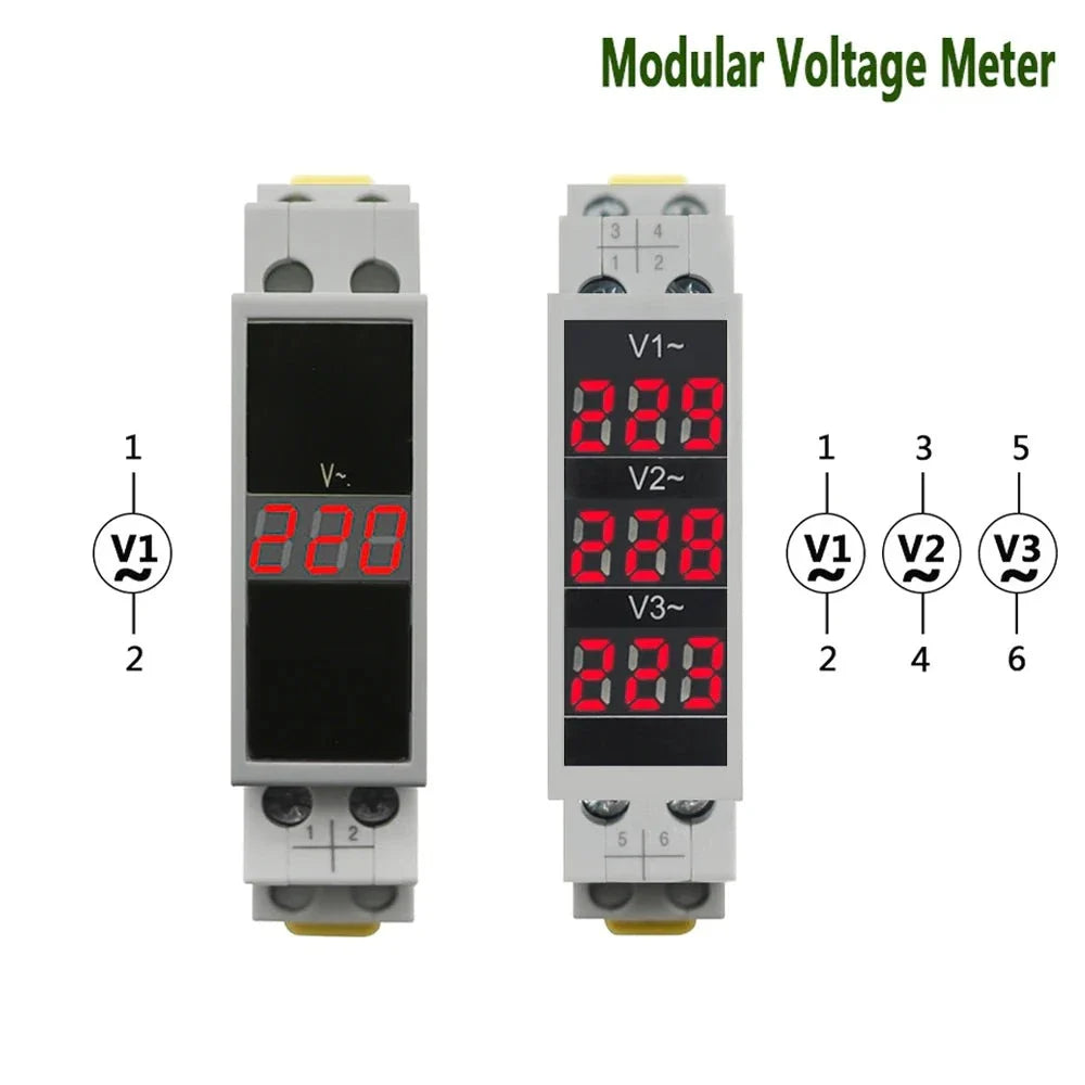 Din Rail 18mm Voltage Meter AC 80-500V 220V 380V Single Three Phase Modular Voltmeter Indicator LED Digital Display Detector by 54Grid - Renewable Energy Store
