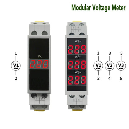 Din Rail 18mm Voltage Meter AC 80-500V 220V 380V Single Three Phase Modular Voltmeter Indicator LED Digital Display Detector by 54Grid - Renewable Energy Store