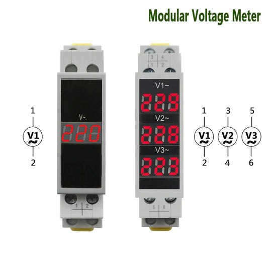 Din Rail 18mm Voltage Meter AC 80-500V 220V 380V Single Three Phase Modular Voltmeter Indicator LED Digital Display Detector by 54Grid - Renewable Energy Store