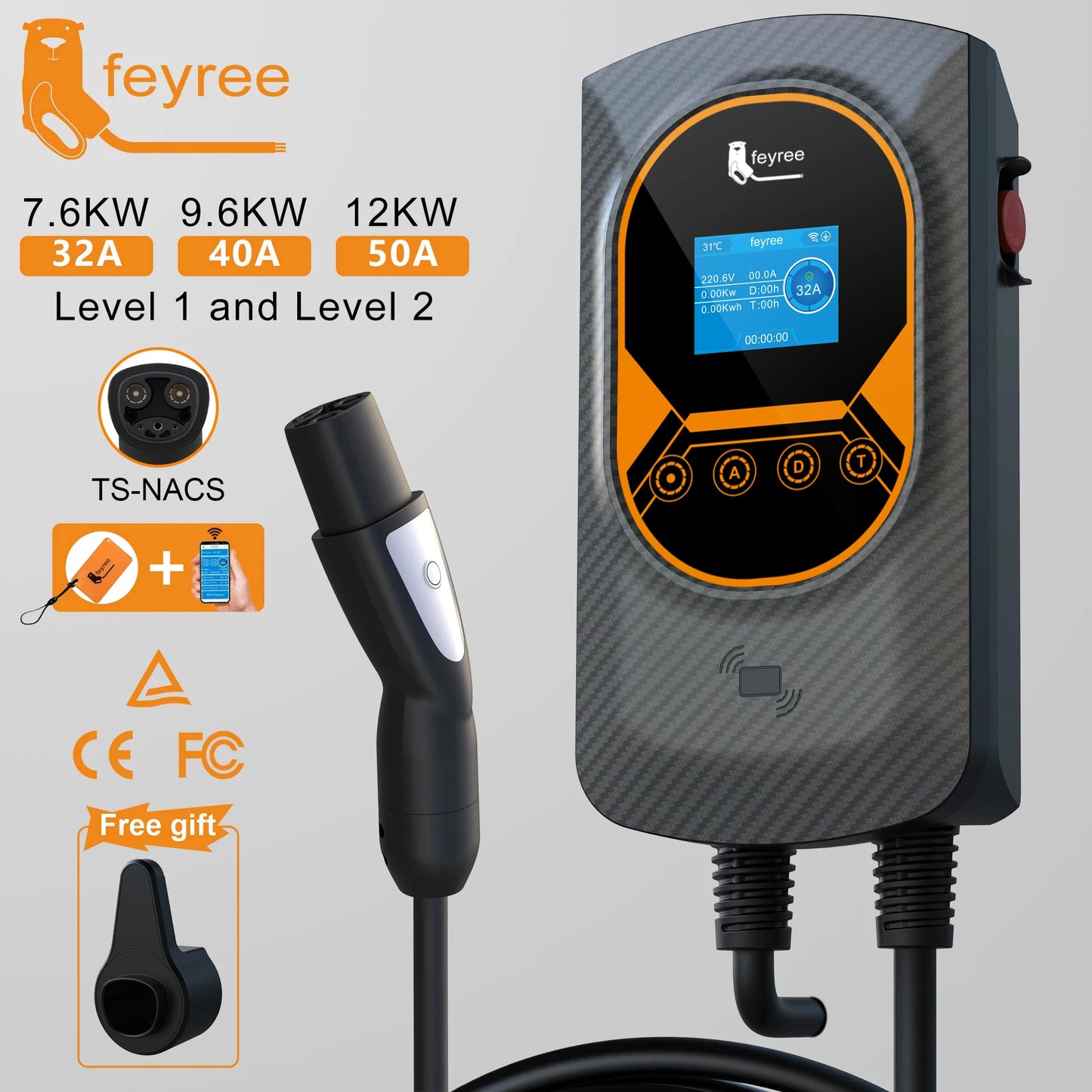 feyree EV Charging Station for TS-NACS Socket EVSE Wallbox 32A 7.6KW 40A 9.6KW 50A 12KW Fast Charging APP Control for Tesla Car