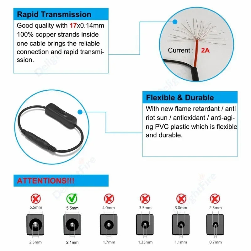 Light Switch ON/OFF DC Power Extension Cable 5V 12V 3A Connector by 54Grid - Renewable Energy Store