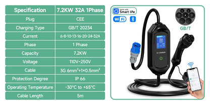 AFYEEV 32A 7.2KW Type2 Type1EV Charger Portable GB/T Electric Vehicle Charger EVSE Charging Cable WiFi Bluetooth APP Control