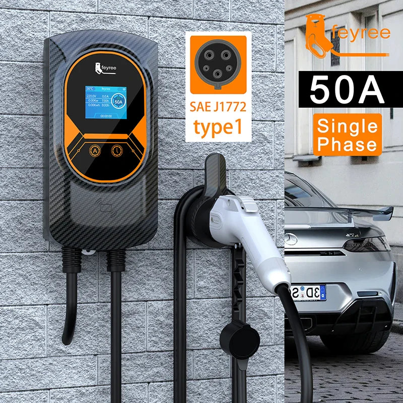 feyree EVSE Wallbox 50A 12KW 1Phase EV Charger Type1 Cable J1772 Socket Wallmounted Charging Station for Electric Vehicle Car by 54Grid - Renewable Energy Store