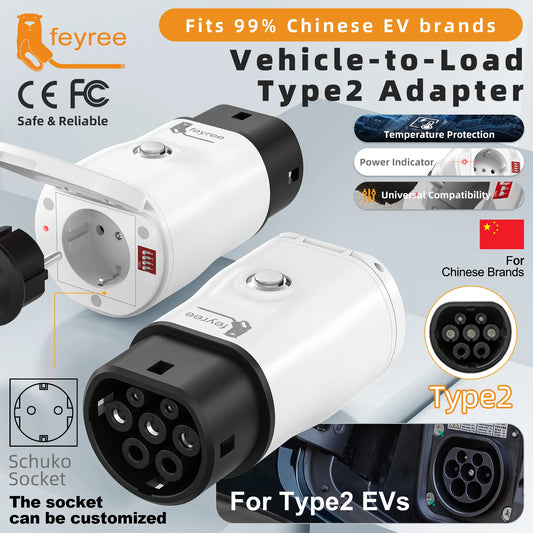 feyree Portable Type2 V2L Adapter with Power Adjust Switch for Chinese EV Car,Vehicle to Load Discharger for Camping Outdoor Use