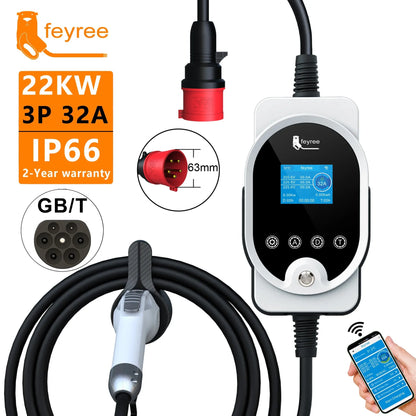feyree 22KW 32A 3Phase GB/T Portable EV Charger Fast Charger Charging Station Smart Wi-Fi APP Control for Electric Car Charger