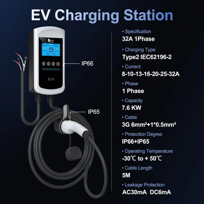 feyree Type2 EV Charger 4.3inch Screen 32A 7.6kW Dynamic Load Balancing 11kW 22kW 3Phase EVSE Wallbox APP with Charge History