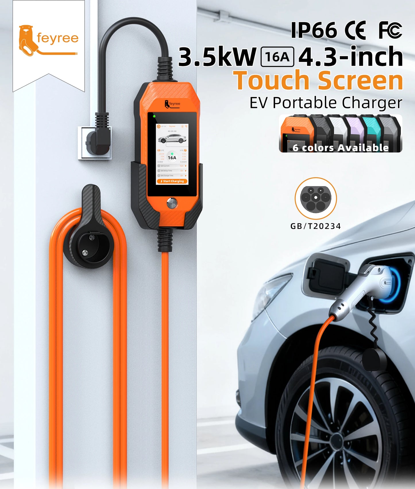 feyree GB/T EV charger 16A 3.5kW 1Phase 4.3'' Touchscreen & Smart APP OTA Version Current Adjustable for Electric Car Charger