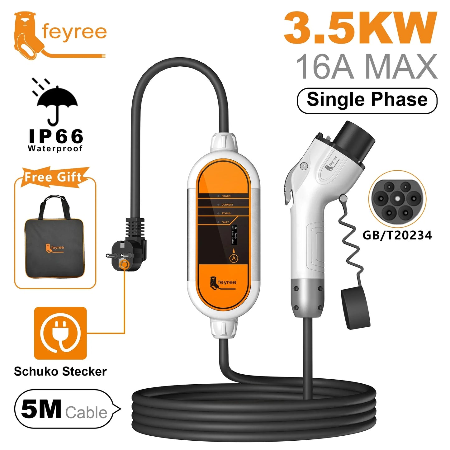 feyree GB/T Cord EV Charger 16A 3.5KW 1Phase Portable Charger Box Current Adjustable 5M Charging Cable for Electric Vehicle by 54Grid - Renewable Energy Store