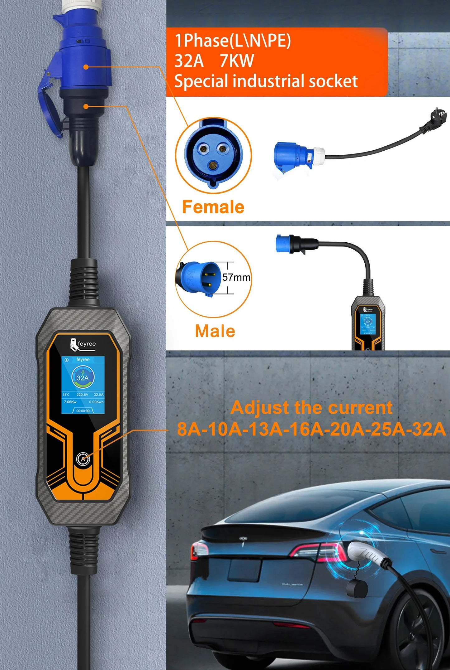 feyree Type2 7KW 32A 1Phase Portable EV Charger 5m Cable Current Adjustable EVSE Wallbox Charging Box for Electric Car Charger