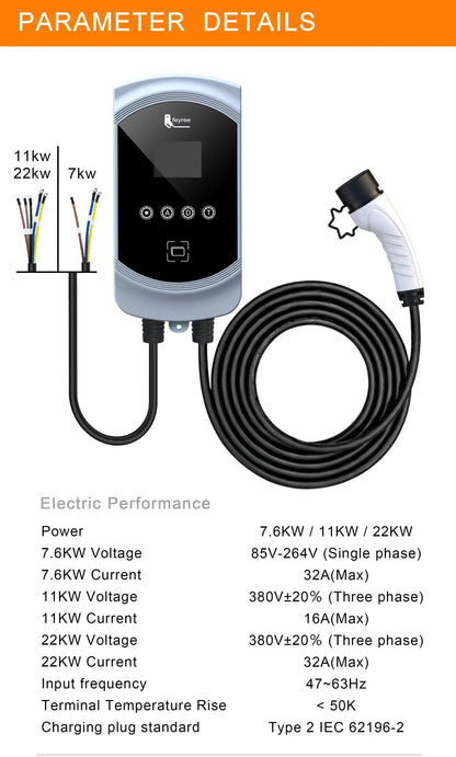 feyree EV Charger 32A 22KW 3Phase 11KW 16A Electric Car Charger EVSE Wallbox 7.6KW 32A Type2 Cable IEC62196-2 Socket APP Control
