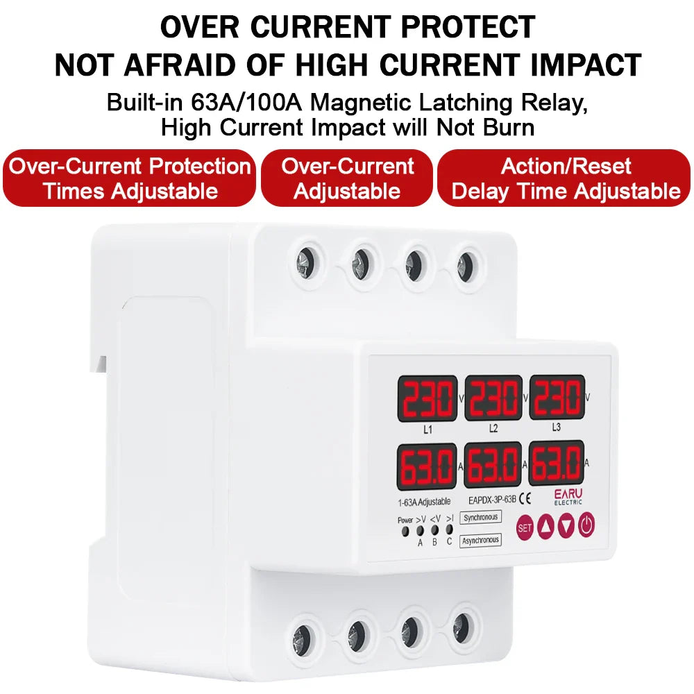Three Phase Voltage Current Adjustable Over Under Voltage Current Limit Protection Relay Protector 63A 100A with Automatic Reset