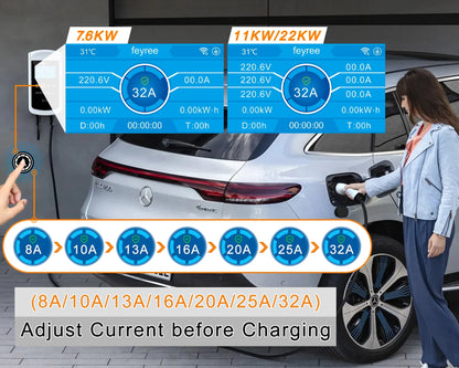 feyree Type2 EV Charger 32A 7.6KW Charging Station Car Charger 11KW 22KW 3Phase EVSE Wallbox 4.3inch Screen Smart APP Control
