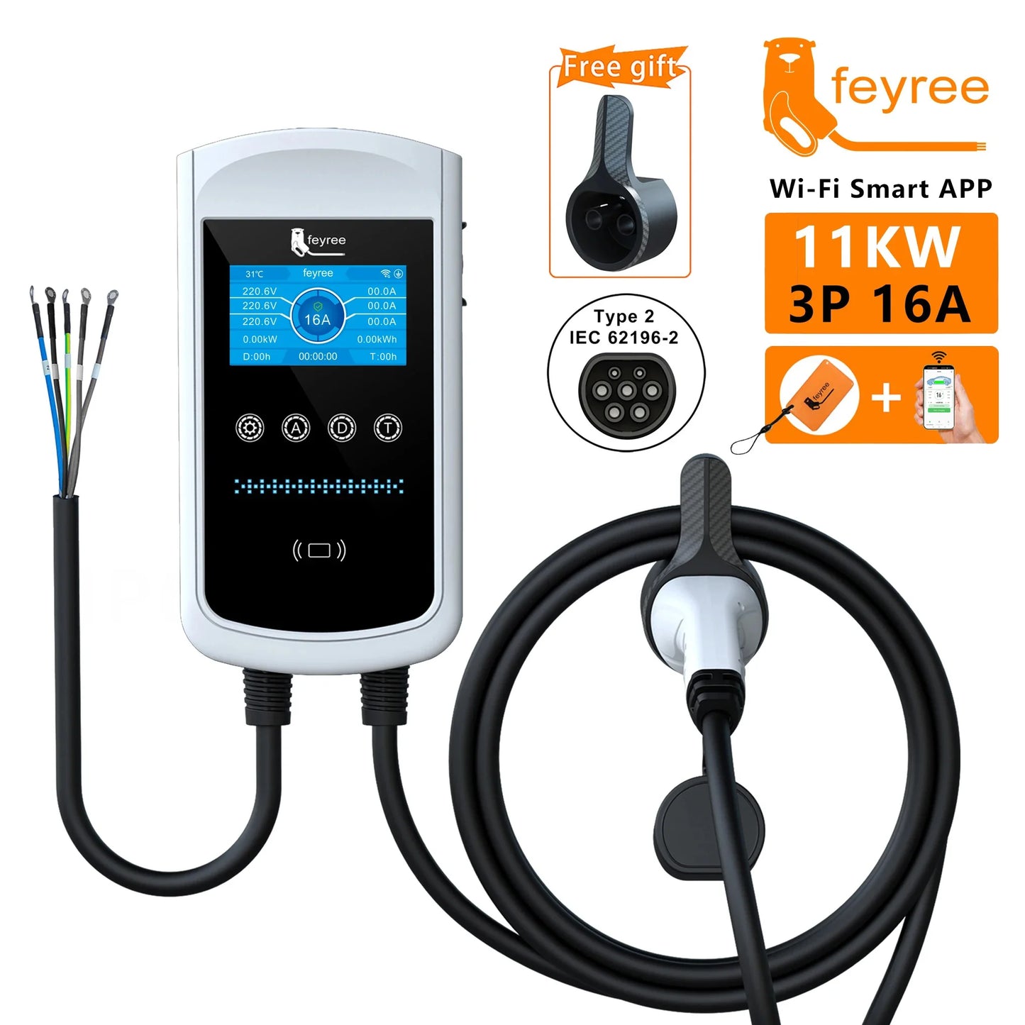 feyree Type2 EV Charger 32A 7.6KW Charging Station Car Charger 11KW 22KW 3Phase EVSE Wallbox 4.3inch Screen Smart APP Control