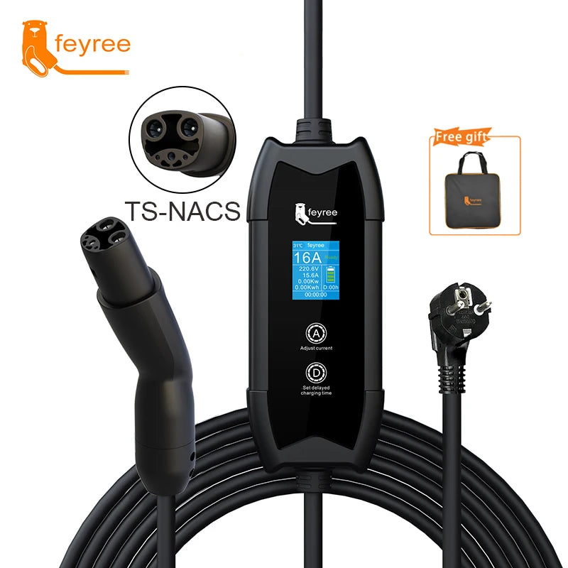 feyree EV Charger Portable 3.5kW TS-NACS Charger Plug 1.8" LCD Screen with Set Delay Schedule Charging Station for Tesla Cars