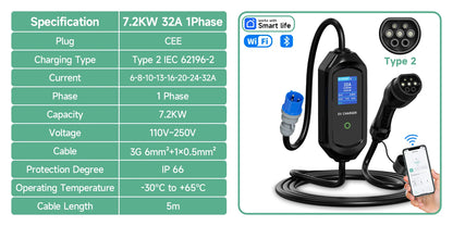 AFYEEV 32A 7.2KW Type2 Type1EV Charger Portable GB/T Electric Vehicle Charger EVSE Charging Cable WiFi Bluetooth APP Control