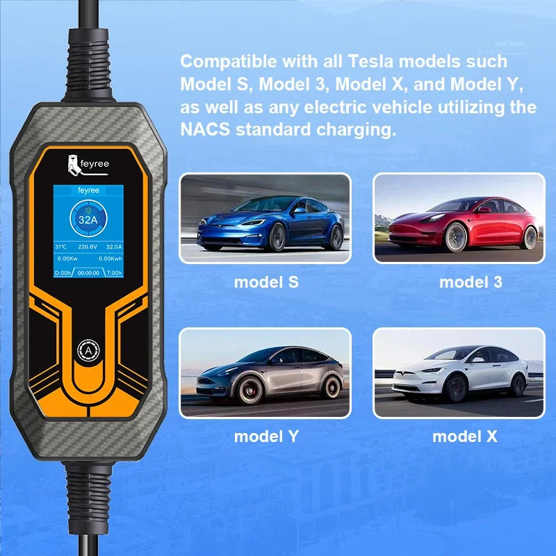 feyree Portable EV Charger Wallbox Tesla 7KW 32A 1Phase Level 2 with 5m Cable Current Adjustable for all Tesla Models 3/Y/S/X by 54Grid - Renewable Energy Store