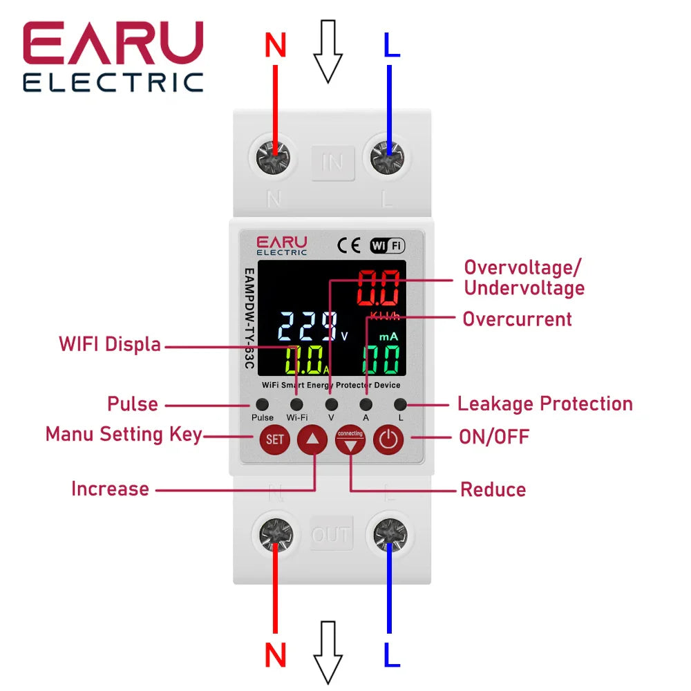 63A AC 230V Tuya WiFi Smart Energy Meter Power kWh Meter Earth Leakage Over Under Voltage Protector Relay Device Switch Breaker by 54Grid - Renewable Energy Store