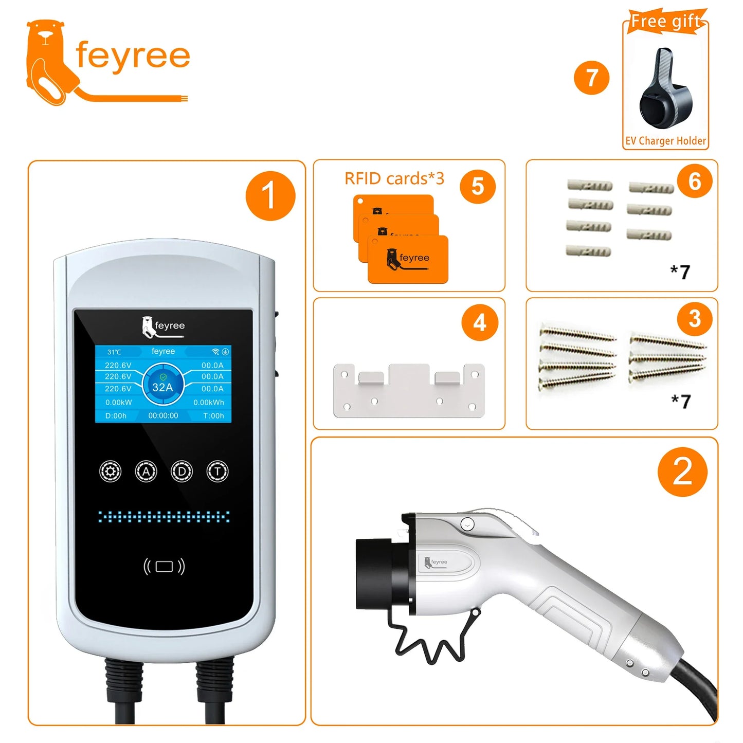 feyree GB/T Socket EV Charger 7.6kw 32A Wallbox 4.3 inch Big Screen APP Charge History Record 11kw 22kw 3 Phase Charging Station