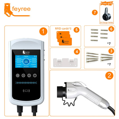 feyree GB/T Socket EV Charger 7.6kw 32A Wallbox 4.3 inch Big Screen APP Charge History Record 11kw 22kw 3 Phase Charging Station