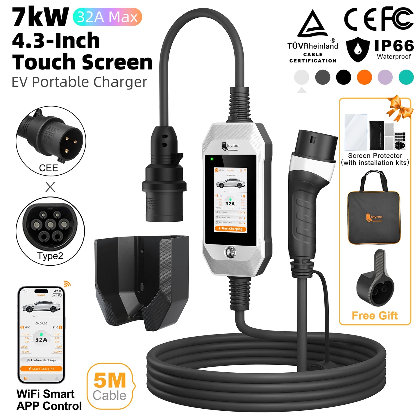 feyree 4.3 Inch Touch Screen Portable 7kW EV Charger Type2 Charging Plug with Smart Wifi APP AC Home Charger Professional Design