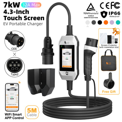 feyree 4.3 Inch Touch Screen Portable 7kW EV Charger Type2 Charging Plug with Smart Wifi APP AC Home Charger Professional Design