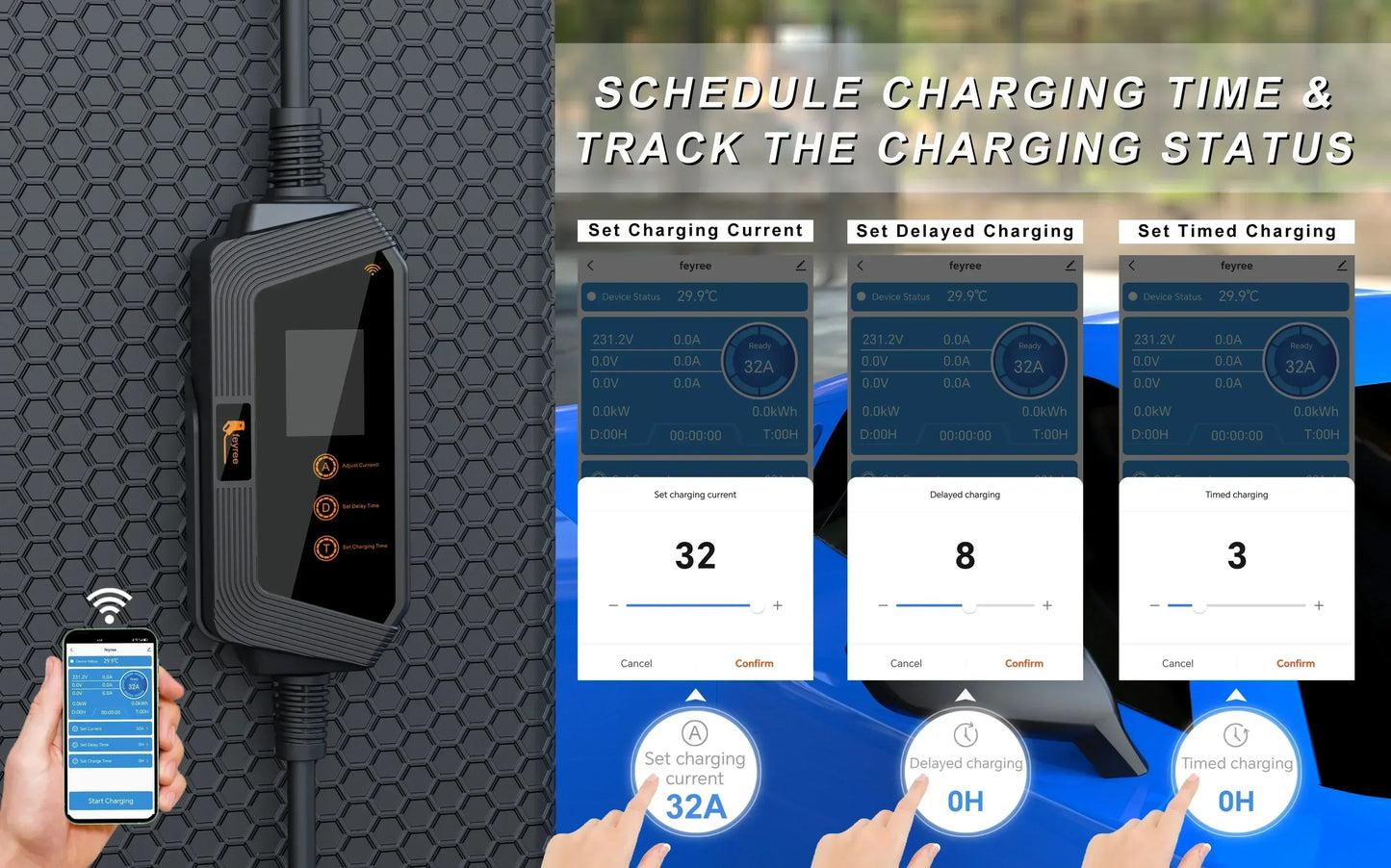 feyree 7KW 32A Adjustable EV Charger GBT Plug APP Bluetooth Version Set Charging Time EVSE Charging Box for Electric Vehicle