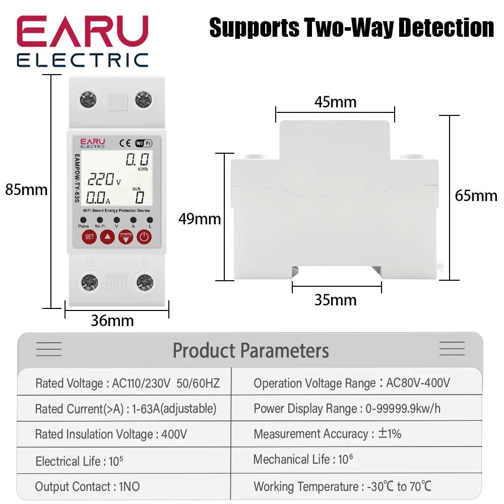 63A Tuya Smart WiFi Circuit Breaker Switch BI-Direction Measuring Earth Leakage Over Under Voltage Protector Energy Power Meter by 54Grid - Renewable Energy Store