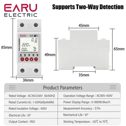 63A Tuya Smart WiFi Circuit Breaker Switch BI-Direction Measuring Earth Leakage Over Under Voltage Protector Energy Power Meter by 54Grid - Renewable Energy Store