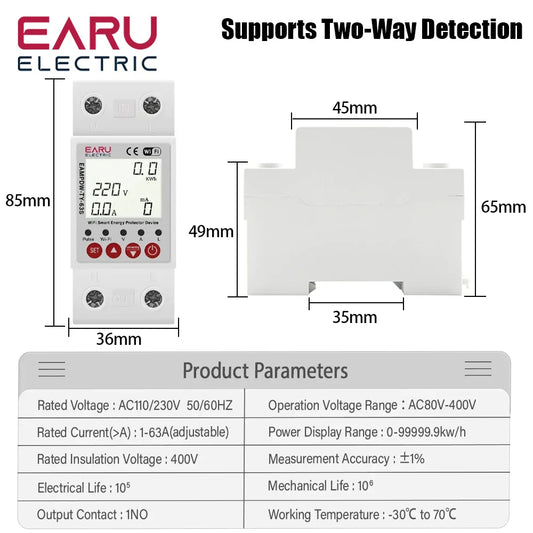 63A Tuya Smart WiFi Circuit Breaker Switch BI-Direction Measuring Earth Leakage Over Under Voltage Protector Energy Power Meter by 54Grid - Renewable Energy Store