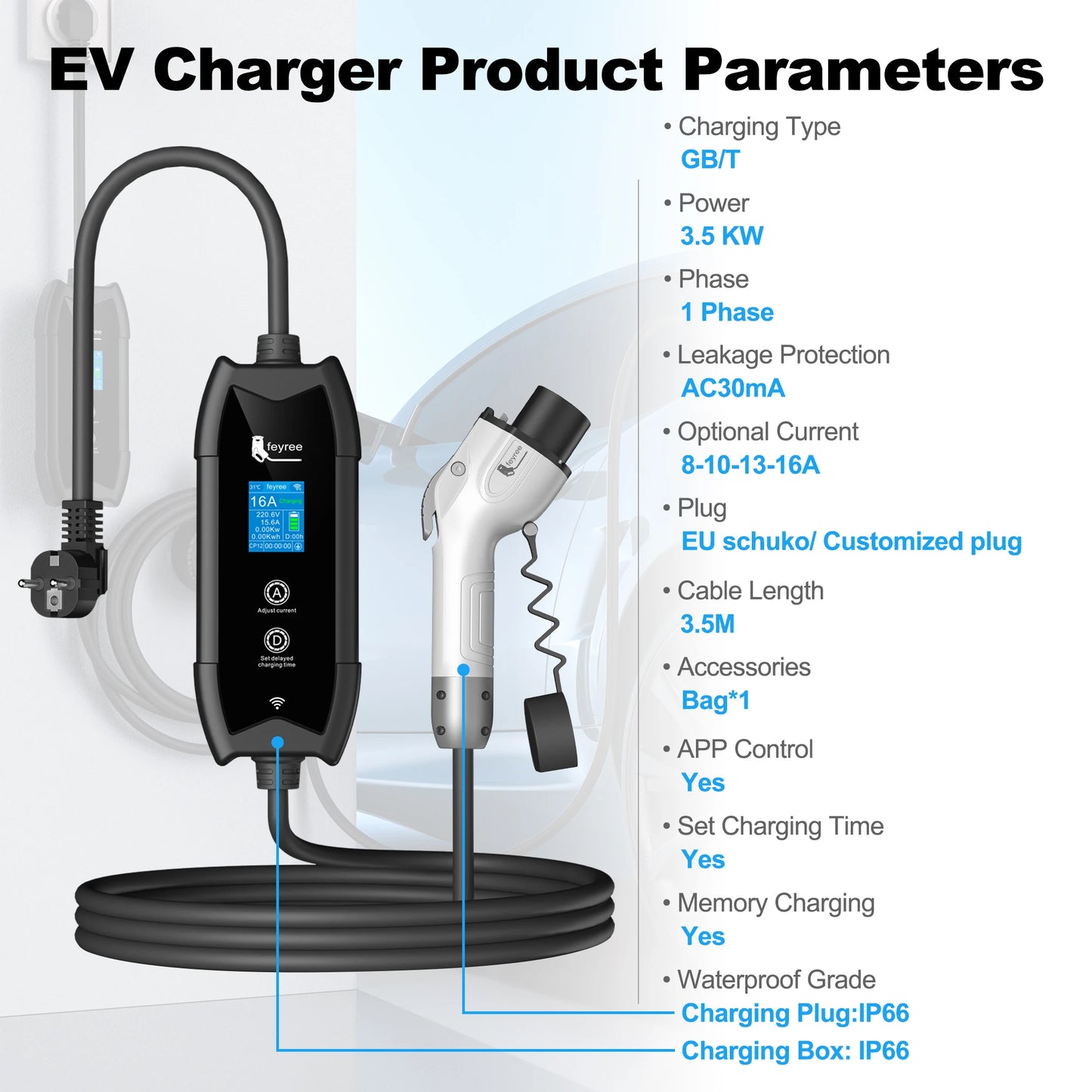 feyree GB/T Portable EV Charger 3.5m Cable with WIFI APP Control 16A 3.5kW Set Charging&DelayTime for EV Cars,Plug customizable