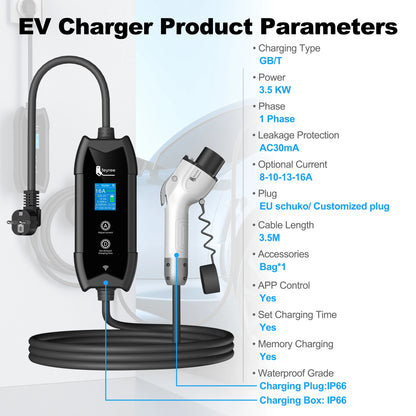 feyree GB/T Portable EV Charger 3.5m Cable with WIFI APP Control 16A 3.5kW Set Charging&DelayTime for EV Cars,Plug customizable