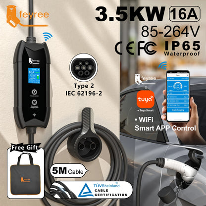 feyree Type2 Portable EV Charger 5m Cable with WIFI APP Control 16A 3.5KW Set Charging&DelayTime for EV Cars,Plug customizable