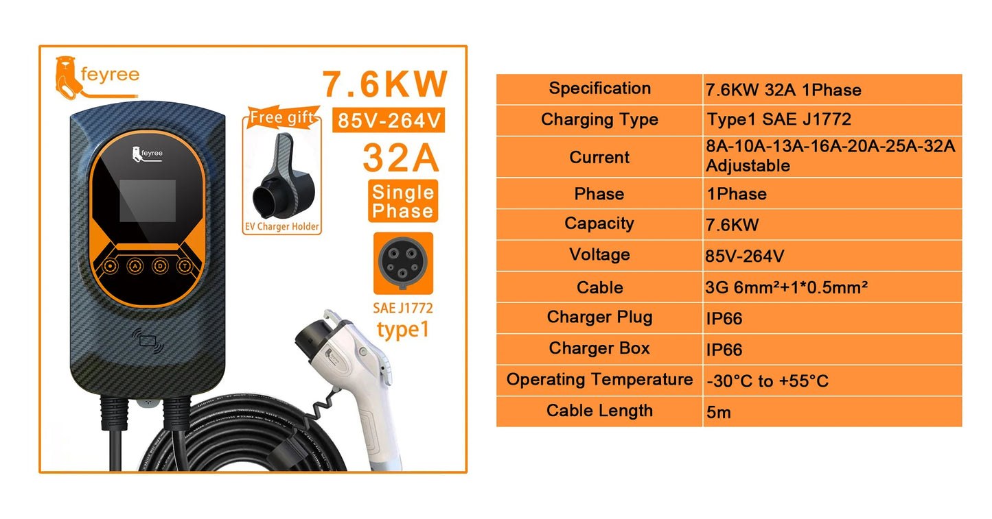 feyree EVSE Wallbox EV Charger Type1 50A 12KW Fast Charging 32A 7.6KW 40A 9.6KW Single Phase Charging Station for Electric Car