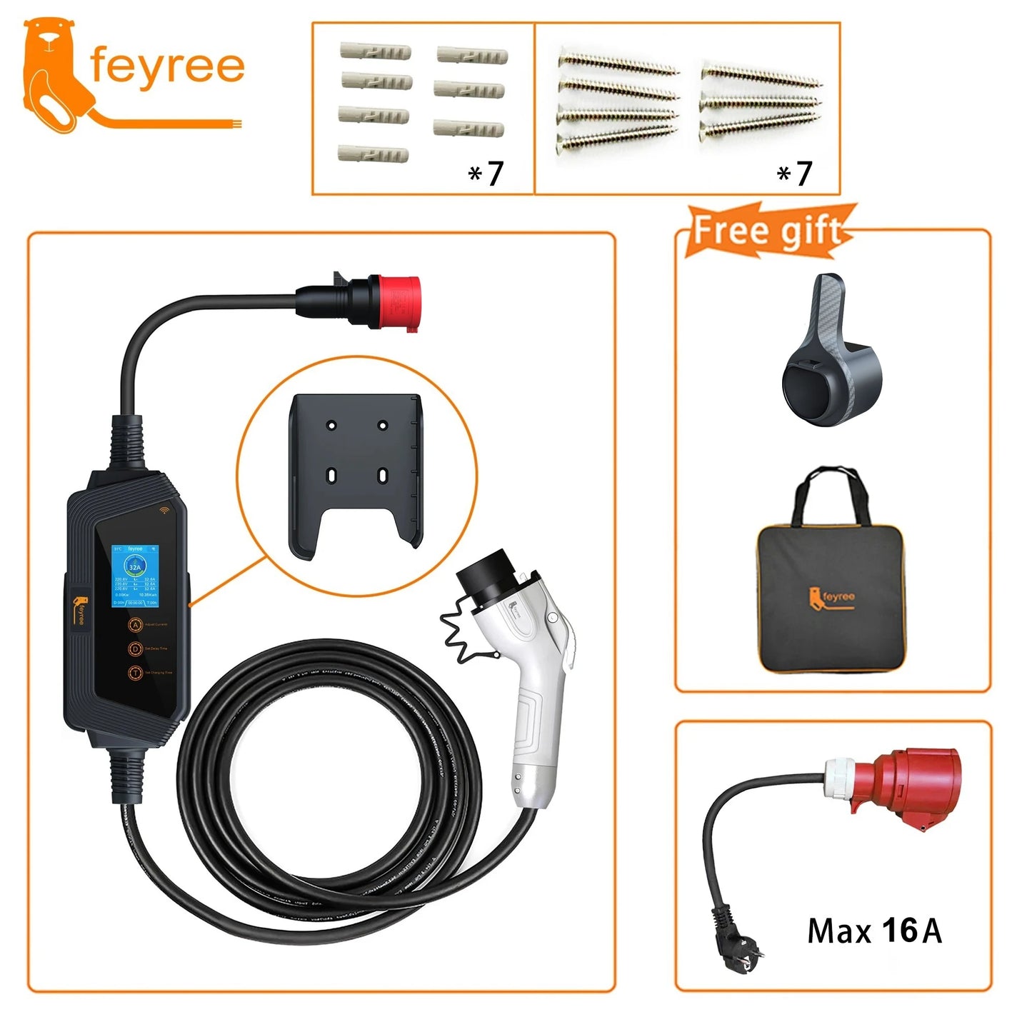 feyree Portable EV Charger GBT Plug 22KW 32A 3Phase EVSE Fast Charging Wi-Fi Smart APP Control for Electric Vehicle Car Charger